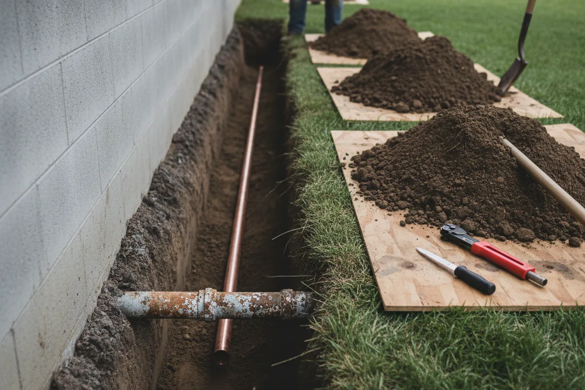 Excavated water line trench during Water Softener Installation in Dema